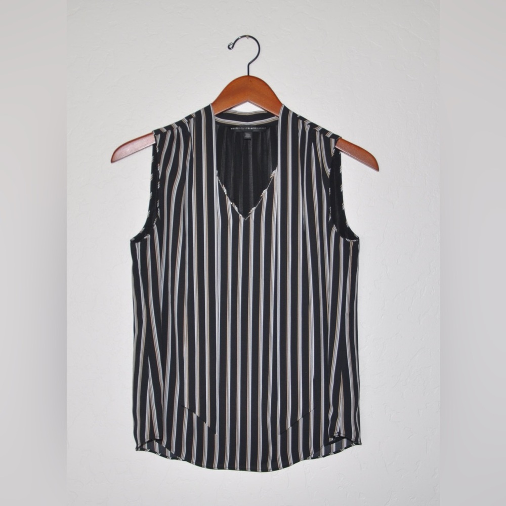 White House Black Market Top Womens Lined Tie Front Black w/Lines Blouse Size 0P